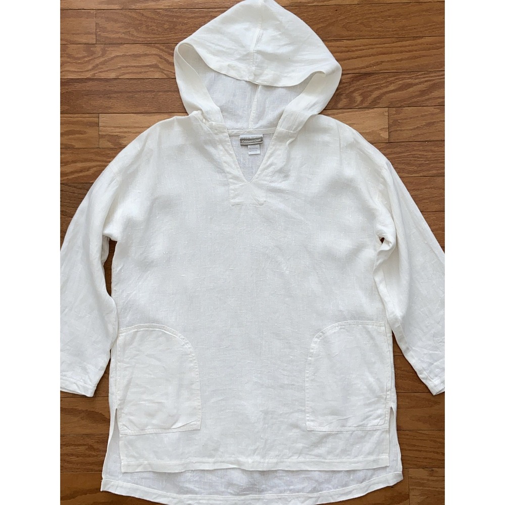 Coldwater Creek Linen Hooded Tunic Top M White Oversized Lagenlook Beach Hoodie